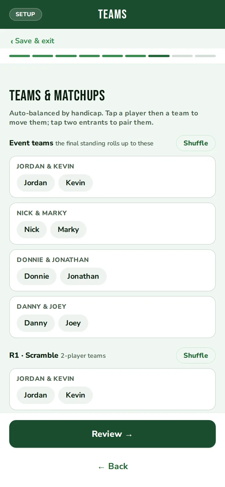 The draw, balanced teams by handicap